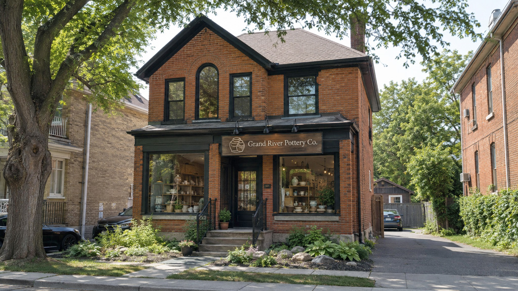 storefront before road sign